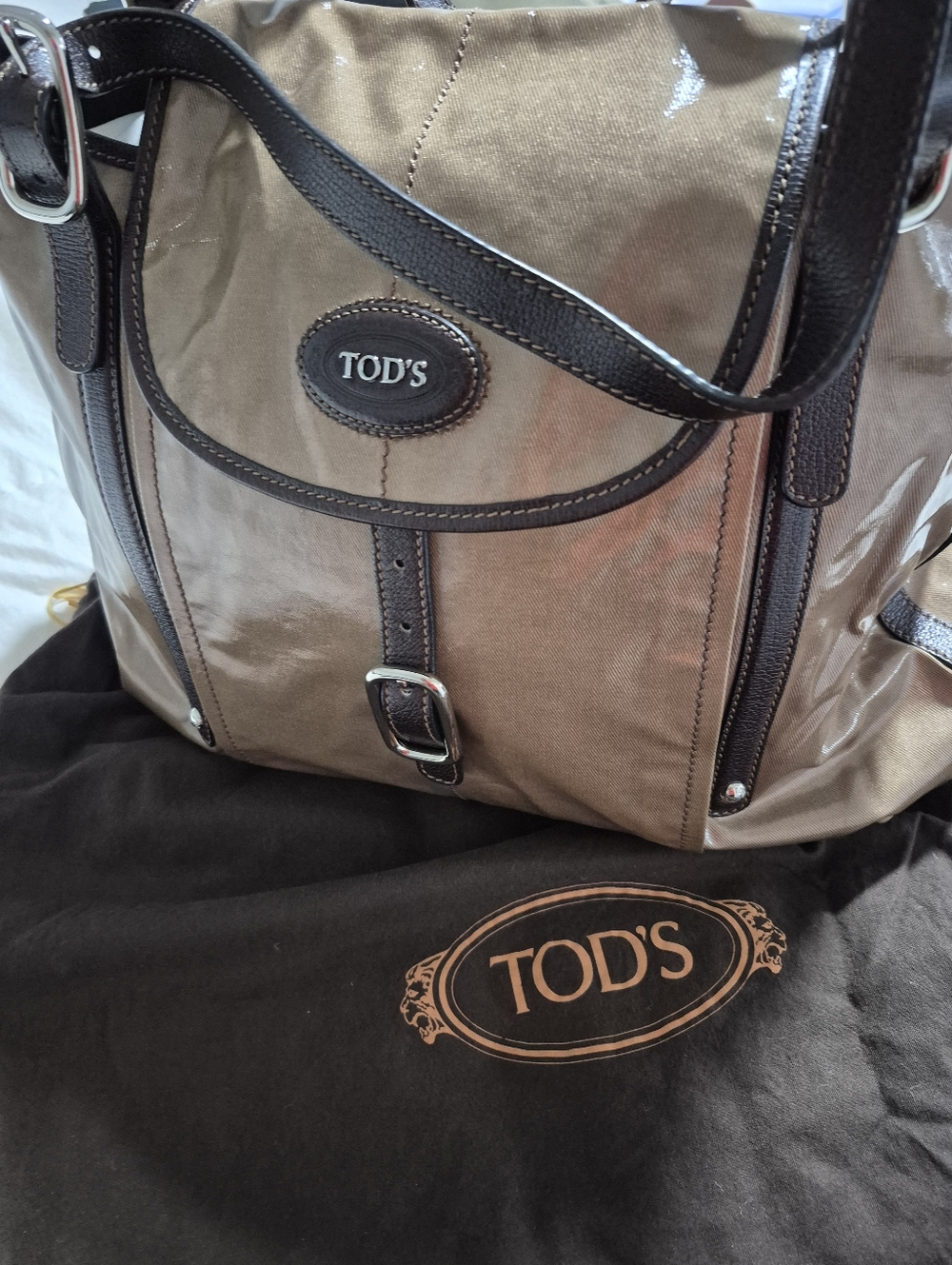TOD'S Taupe Canvas Tote with Dark Brown Leather Trim